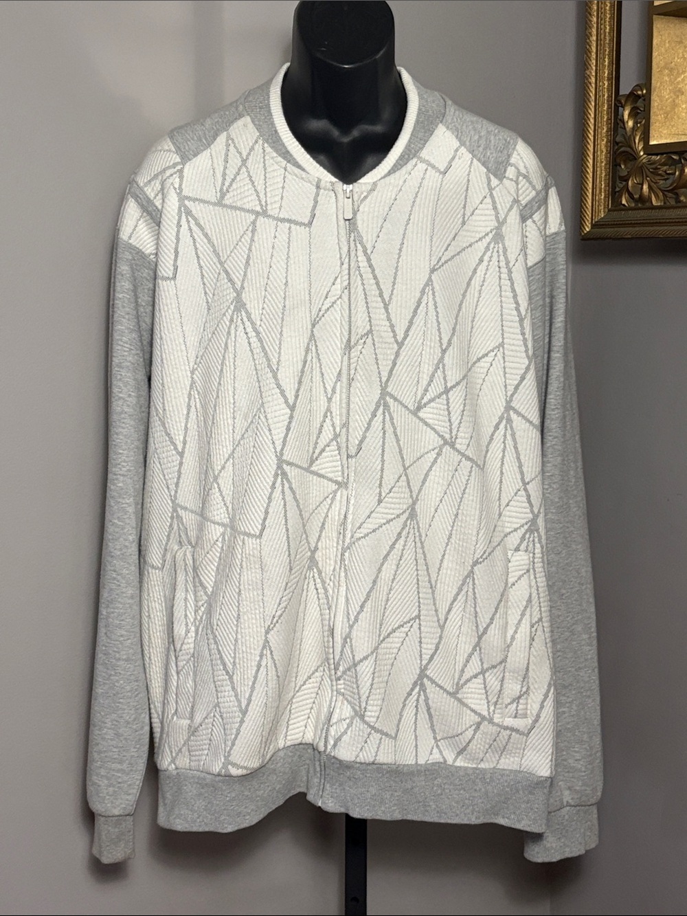 Sean John 3XL White & Light Gray Zip-Up Geometric Knit Sweater